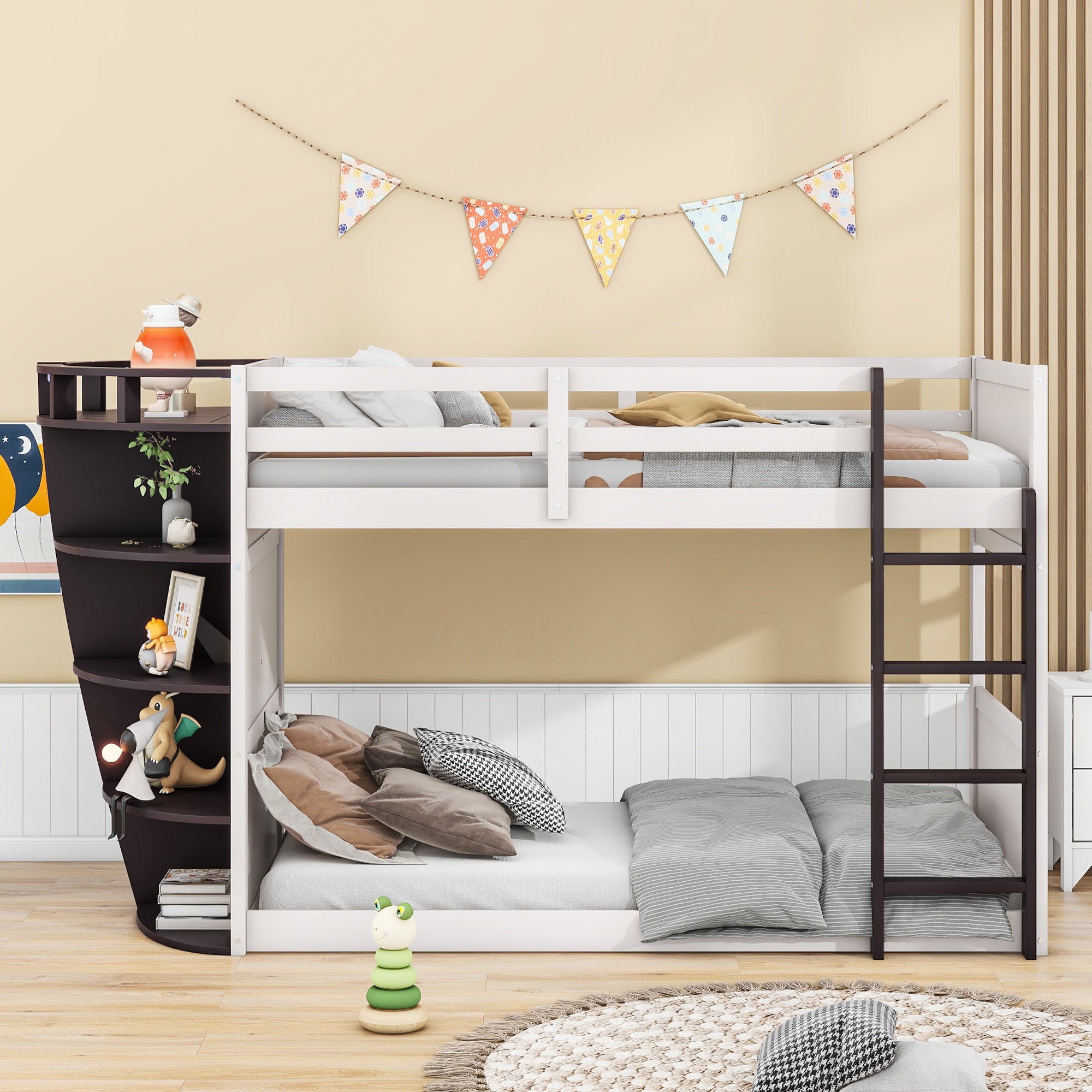 Twin over Twin Boat-Like Shape Bunk Bed with Storage Shelves, Cream+Espresso - Atlantic Fine Furniture Melbourne FL