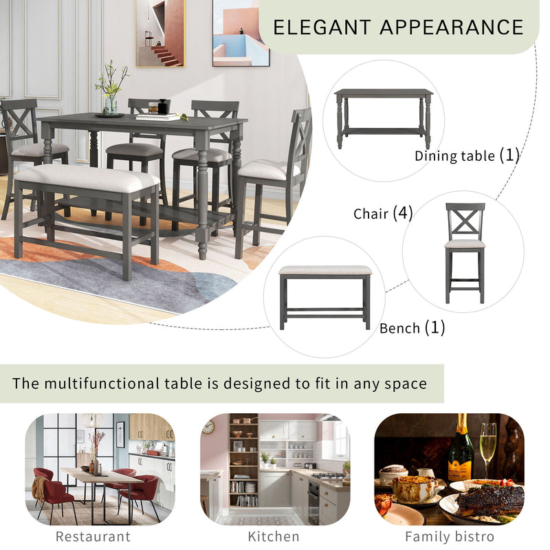 6 Piece Counter Height Dining Table Set With Shelf, 4 Chairs And Bench