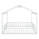 Double Twin House-Style Floor Bed with Fence, Guardrails, without door, White