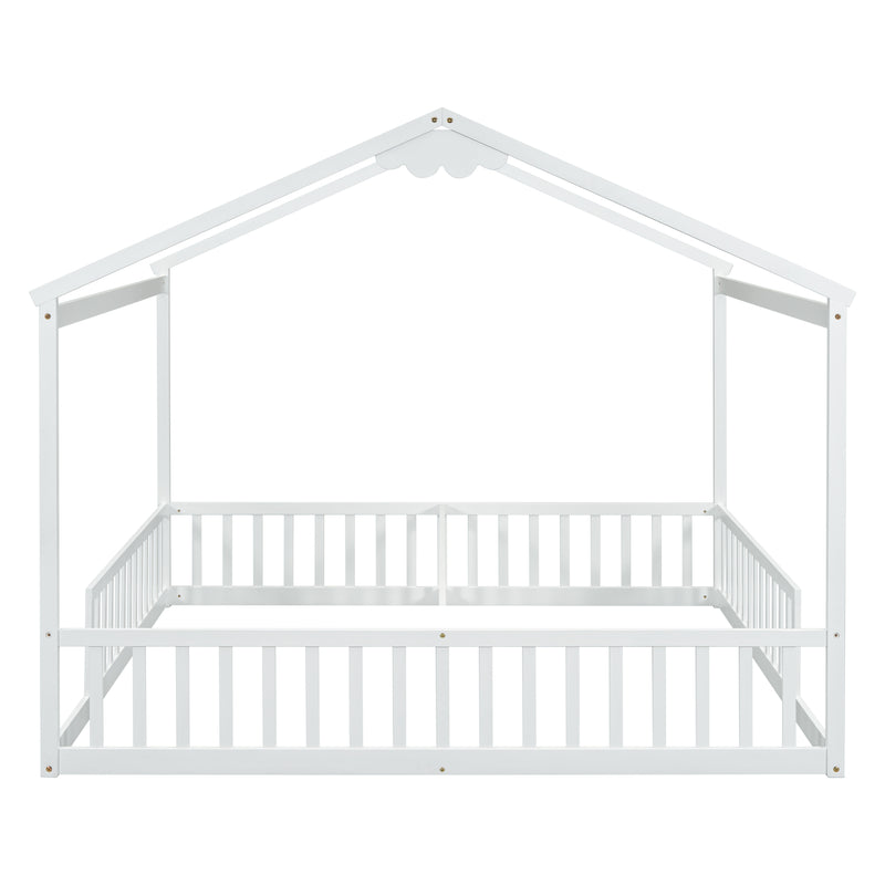 Double Twin House-Style Floor Bed with Fence, Guardrails, without door, White