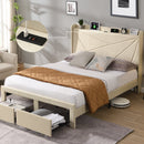 Full Size Bed Frame with 2 Storage Drawers, Upholstered Bed Frame with Wingback Headboard Storage Shelf Built-in USB Charging Stations and Strong Wood Slats Support, No Box Spring Needed, Beige