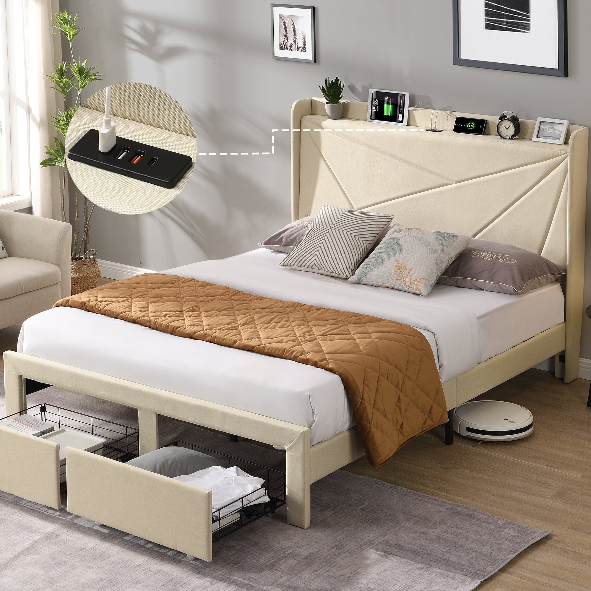Queen Size Bed Frame with 2 Storage Drawers, Upholstered Bed Frame with Wingback Headboard Storage Shelf Built-in  USB Charging Stations and Strong Wood Slats Support, No Box Spring Needed, Beige