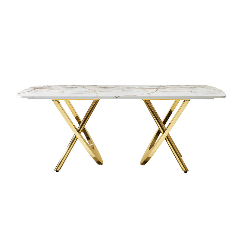 Marble Pattern Dining Table With Stainless Steel Base, Rectangular, Seats 6 Or 8 - Gold