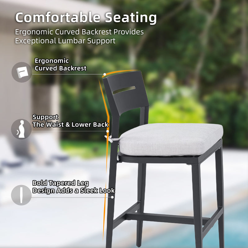 Modern Outdoor Bar Stools, Patio Chairs With Backrest And Footrest, Weather Resistant, Sunbrella Cushions (Set of 2) - Ember Black