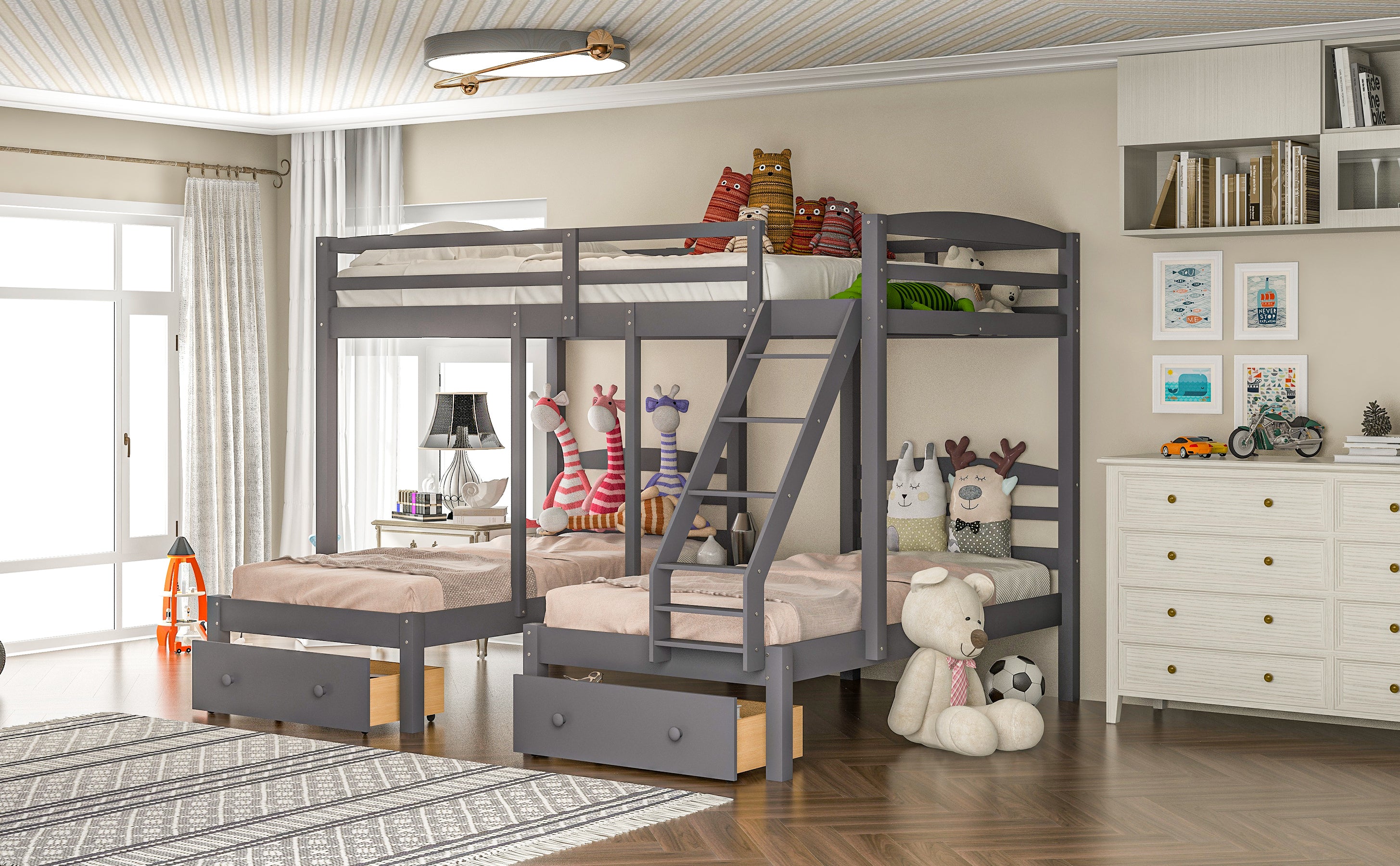 Full over Twin & Twin Bunk Bed,Triple Bunk Bed with Drawers, Gray - Atlantic Fine Furniture Melbourne FL