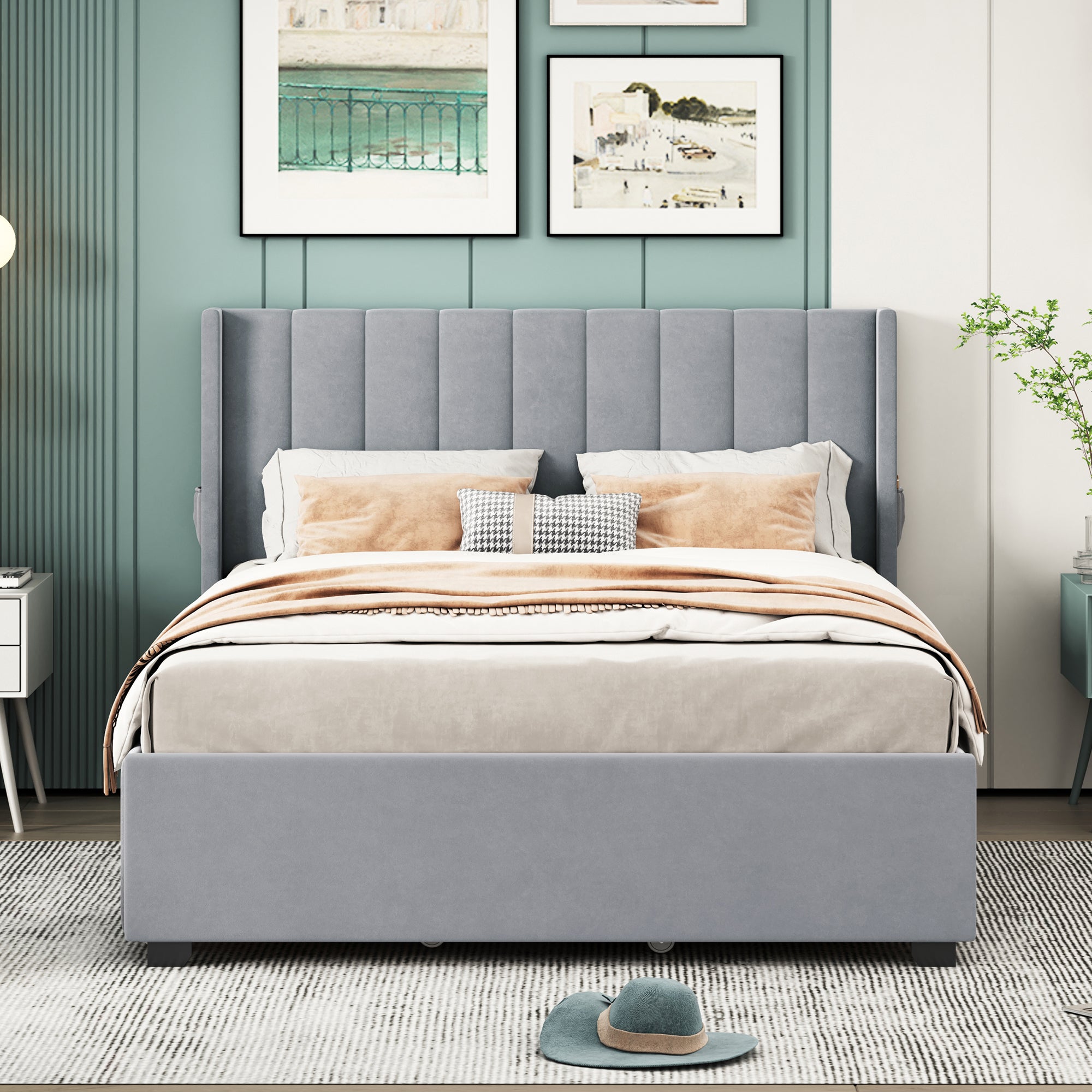 Full Size Upholstered Bed with 4 Drawers, Gray - Atlantic Fine Furniture Melbourne FL