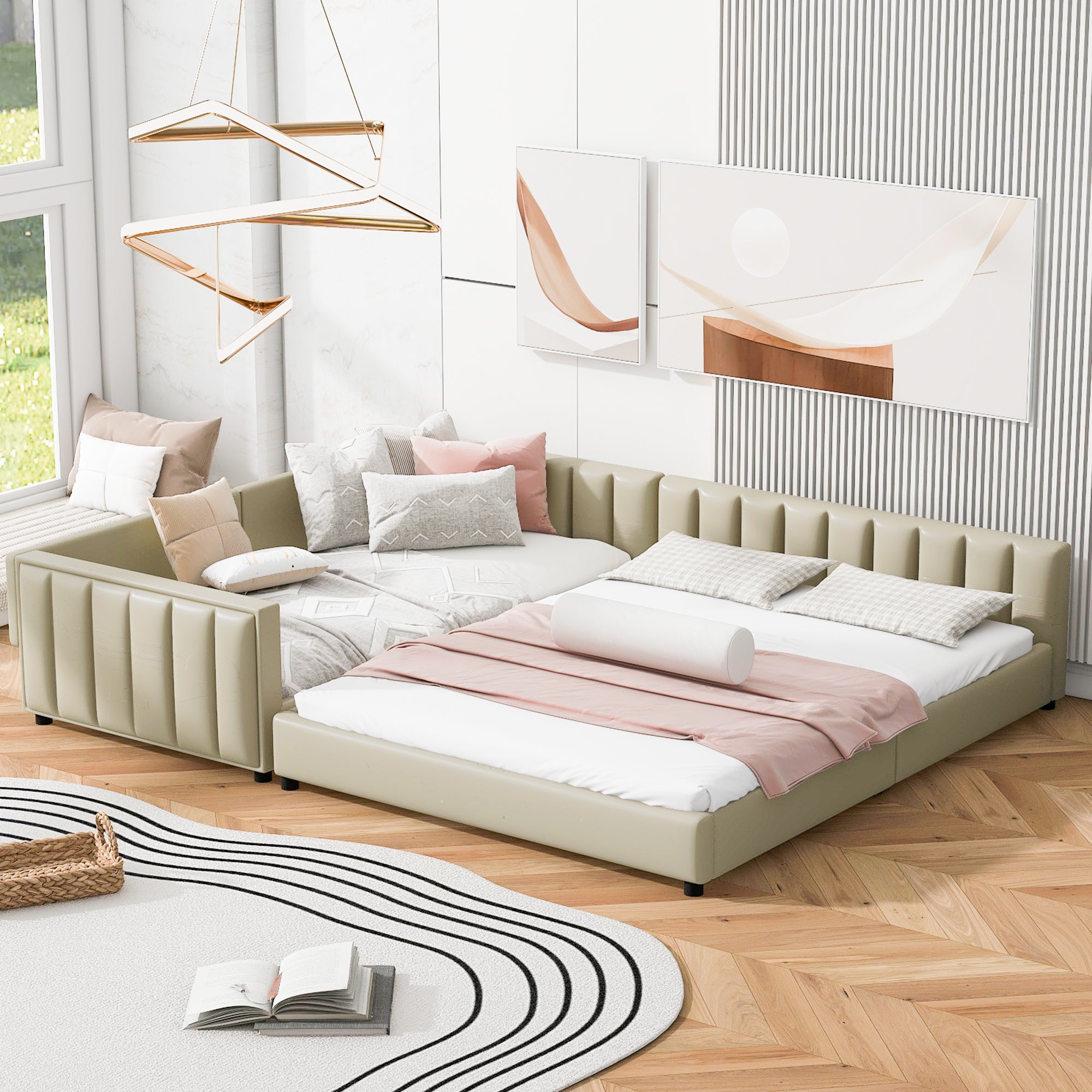 Queen Size & Twin XL Size Upholstered Platform Bed, Mother & Child Bed, PU Leather, Beige - Atlantic Fine Furniture Melbourne FL