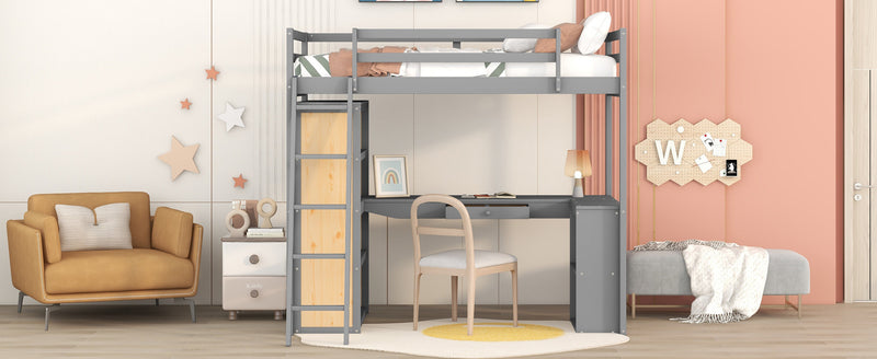 Twin Size Loft Bed with Ladder, Shelves, and Desk, Gray(LT000225AAE)