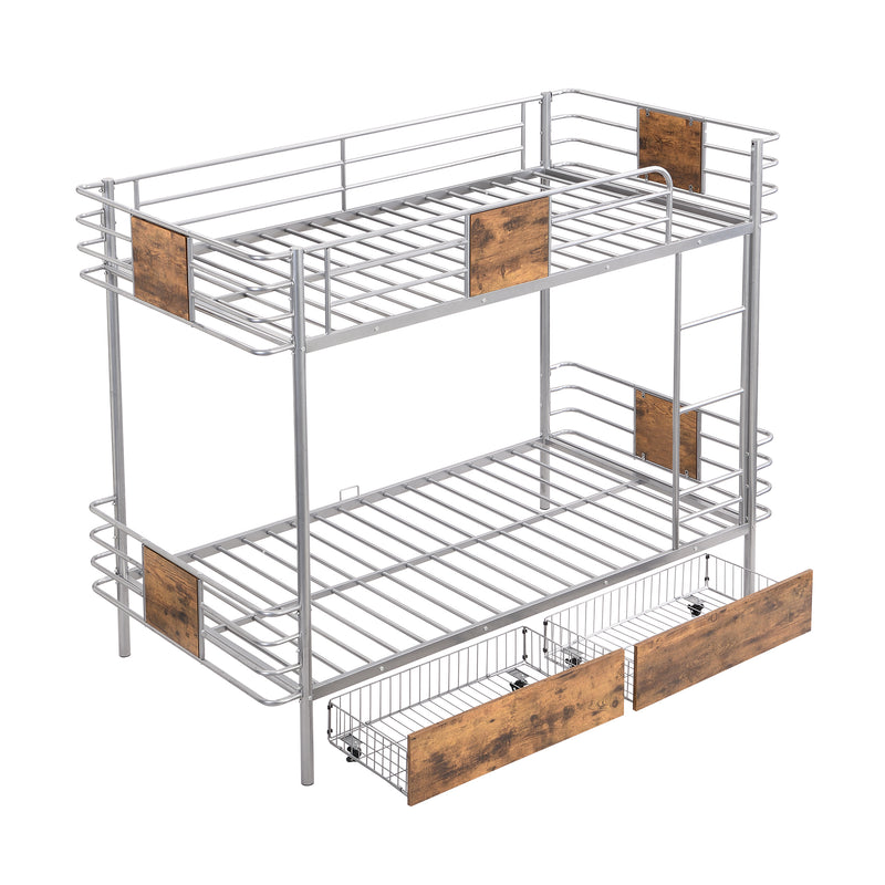 Twin XL over Twin XL Metal Bunk Bed with MDF Board Guardrail and Two Storage Drawers,Silver