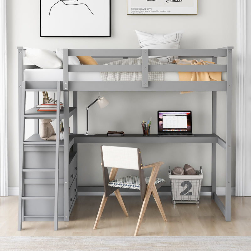 Twin Size Loft Bed with Desk and Shelves, Two Built-in Drawers, Gray(old SKU:GX000803AAE-1)