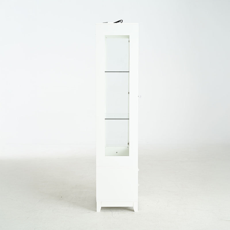 Modern Upholstered Glass Display Cabinet With Adjustable LED Light - White