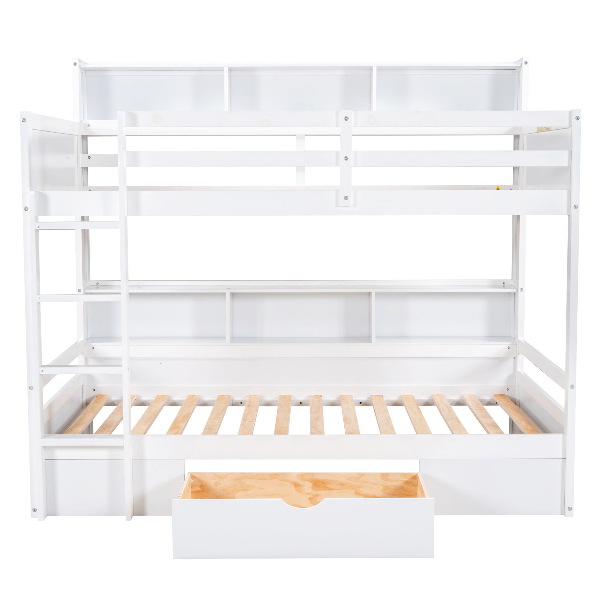 Twin Size Bunk Bed with Built-in Shelves Beside both Upper and Down Bed and Storage Drawer,White