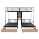 Full Over Twin & Twin Triple Bunk Bed with Drawers, Multi-functional Metal Frame Bed with desks and shelves in the middle, Black