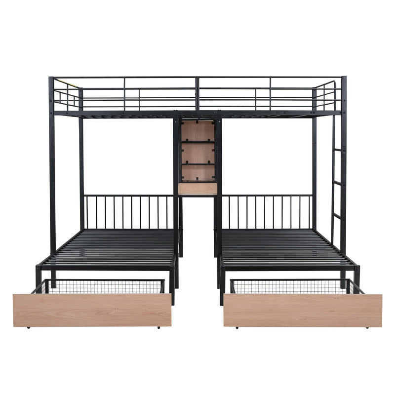 Full Over Twin & Twin Triple Bunk Bed with Drawers, Multi-functional Metal Frame Bed with desks and shelves in the middle, Black
