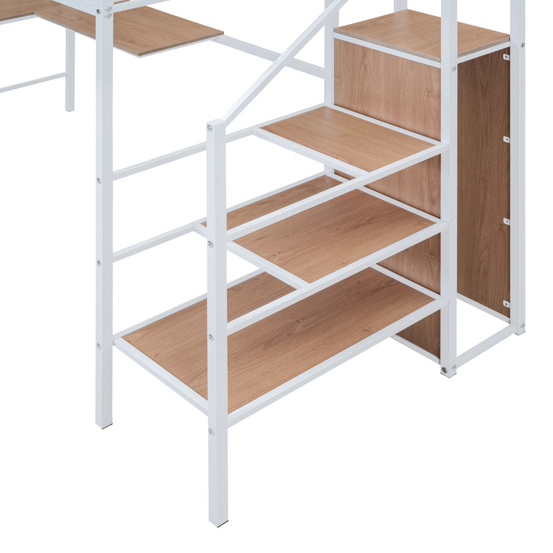 Twin Size Metal Loft Bed with Desk and Metal Grid, Stylish Metal Frame Bed with Lateral Storage Ladder and Wardrobe, White