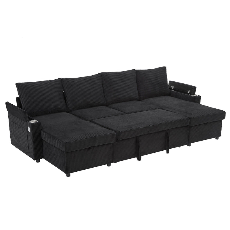 U Shaped Sectional Sofa Bed With Storage Chaise Lounges, USB Ports, And Cup Holders