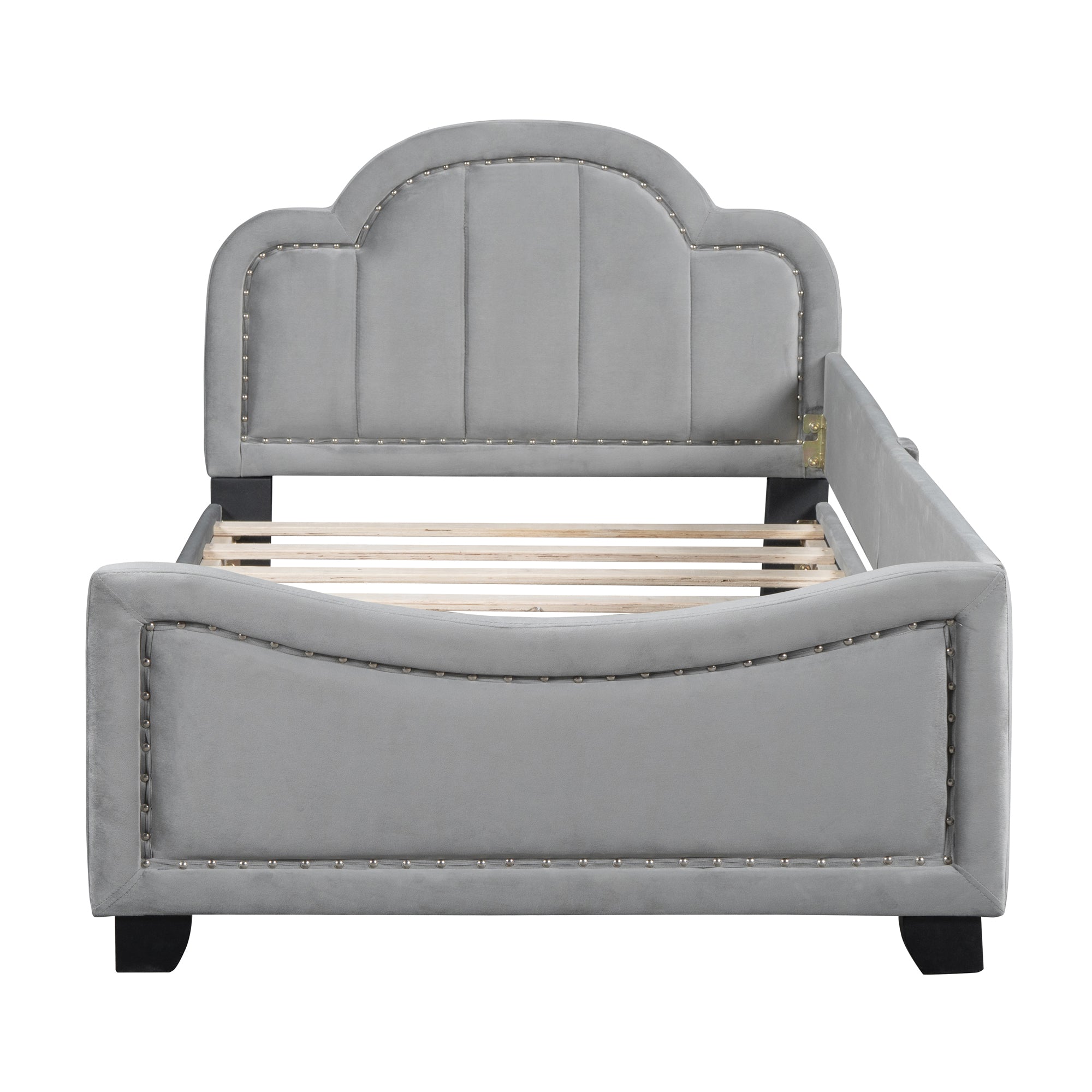 Twin Size Upholstered Daybed with Cloud Shaped Headboard, Embedded Elegant Copper Nail Design, Gray - Atlantic Fine Furniture Melbourne FL