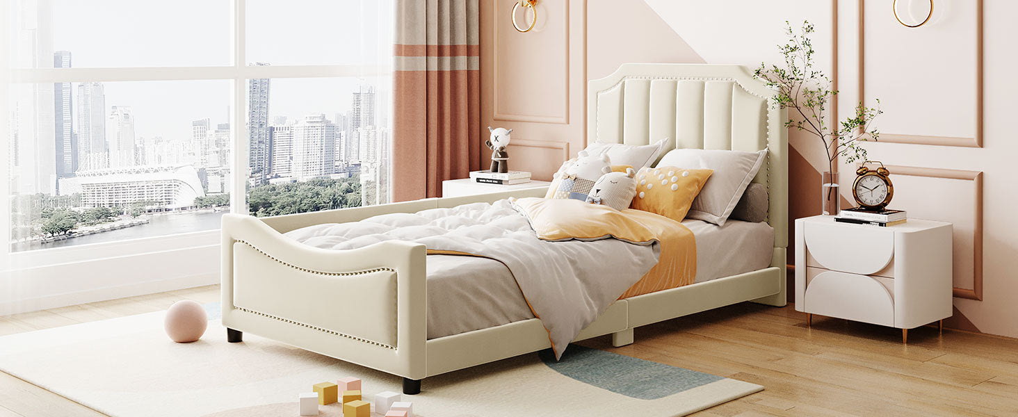 Twin Size Upholstered Daybed with Classic Stripe Shaped  Headboard, Beige - Atlantic Fine Furniture Melbourne FL