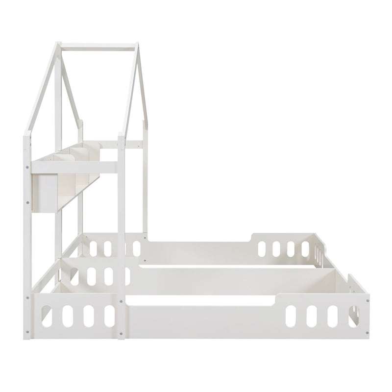 Twin Size Platform Bed With Shared Design, Guardrails, And Built In Shelves - Creamy White