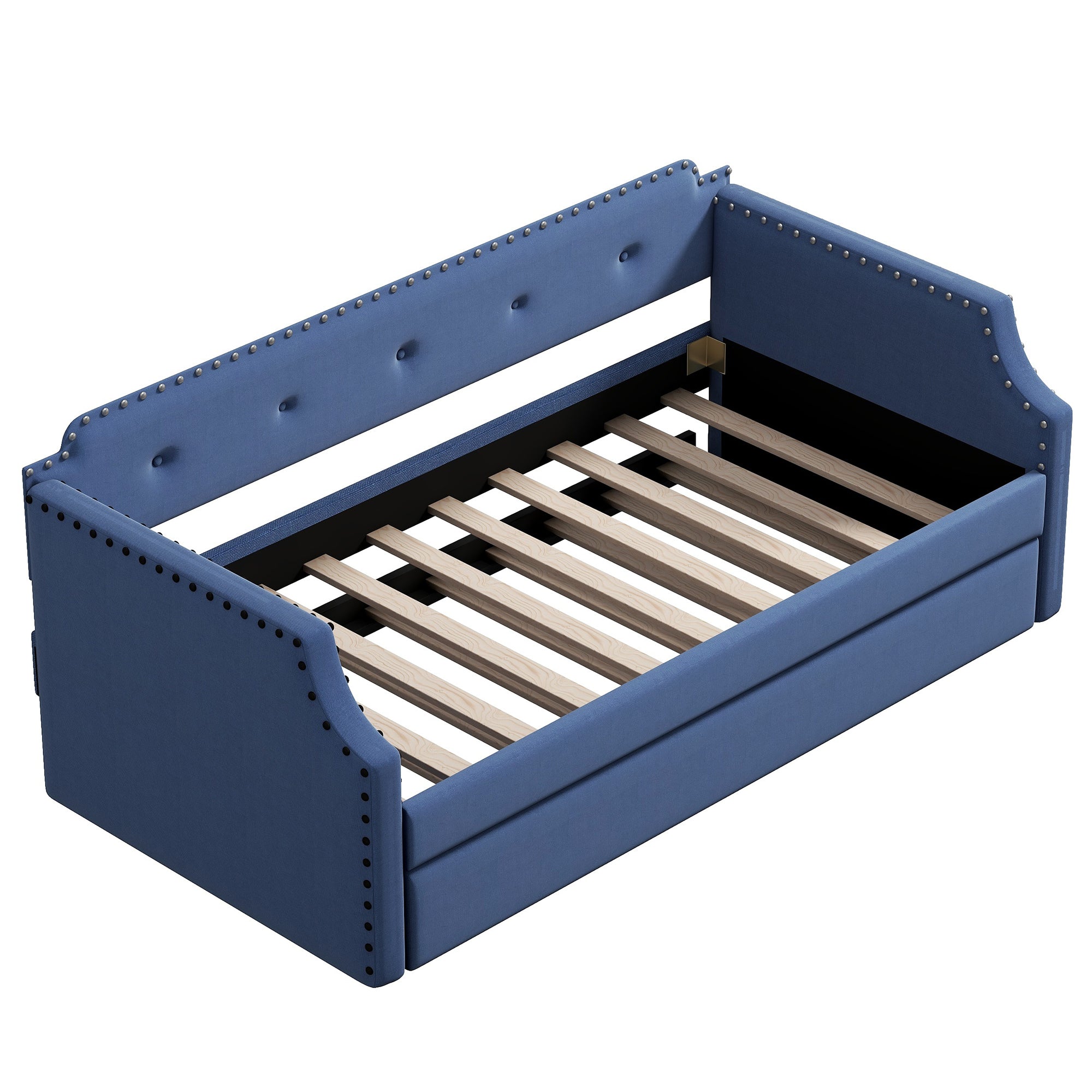 Upholstered Daybed with Trundle, Wood Slat Support,Upholstered Frame Sofa Bed , Twin,Blue - Atlantic Fine Furniture Melbourne FL
