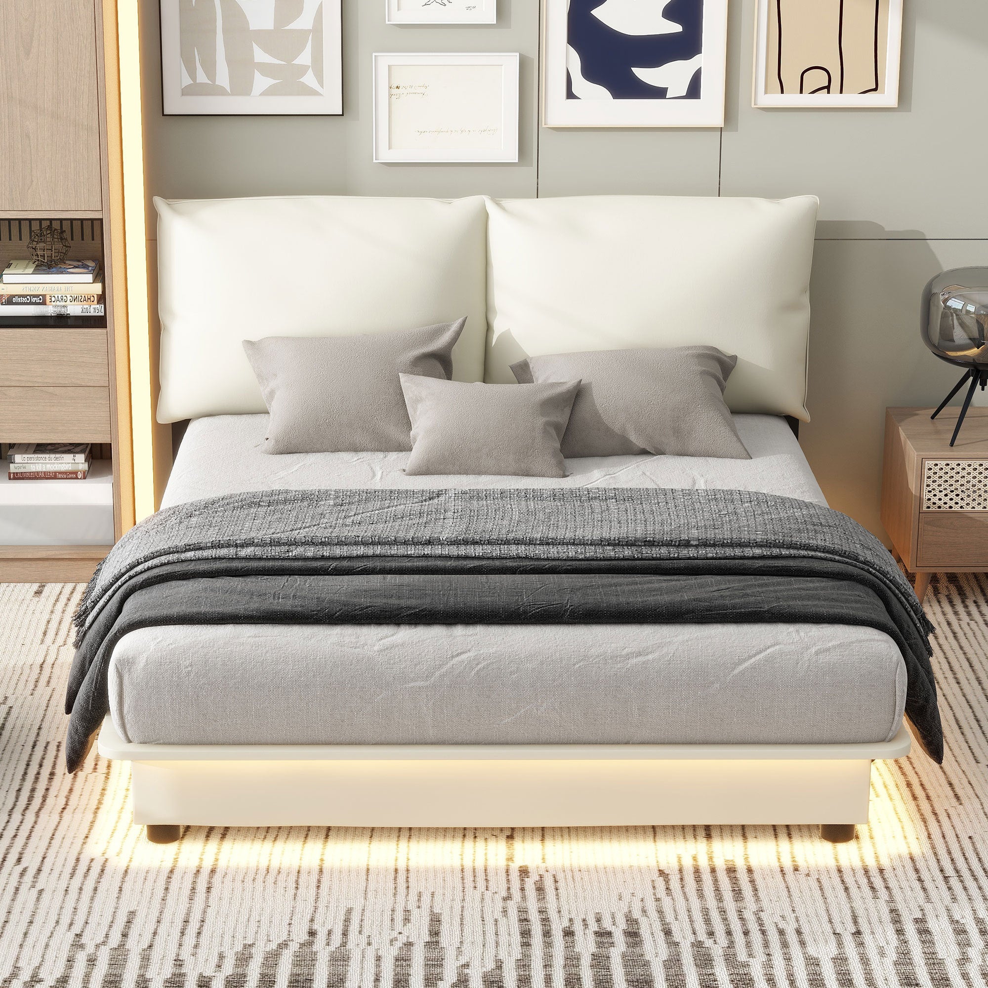 Queen Size Upholstered Platform Bed with Sensor Light and Ergonomic Design Backrests, White - Atlantic Fine Furniture Melbourne FL