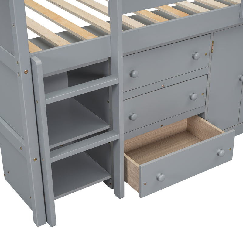 Twin Size Low Loft Bed With Pull-Out Desk, Drawers, Cabinet, and Shelves for Grey Color