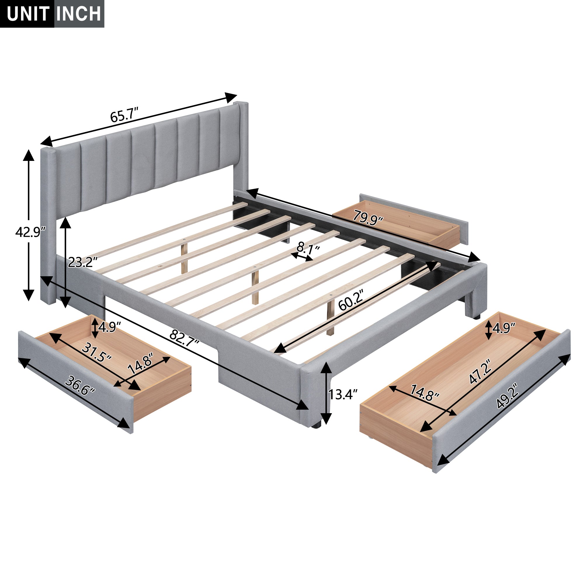 Queen Size Upholstered Platform Bed with One Large Drawer in the Footboard and Drawer on Each Side,Gray - Atlantic Fine Furniture Melbourne FL