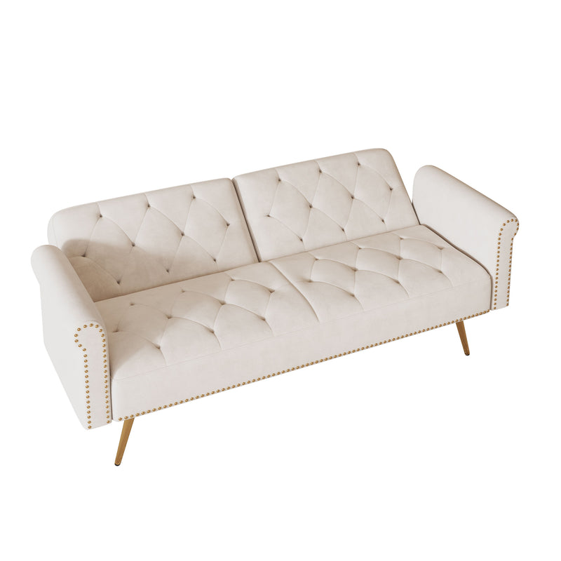 Velvet Nail Head Sofa Bed With Throw Pillow