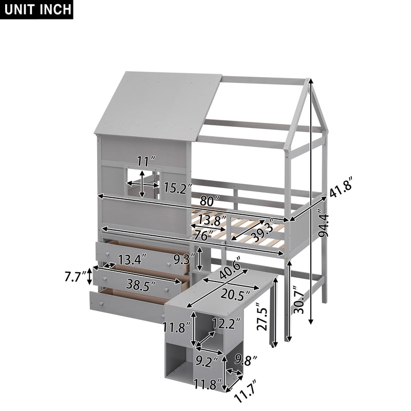 Twin Size House Loft Bed with Storage Desk and 3 Drawer Chest, Gray