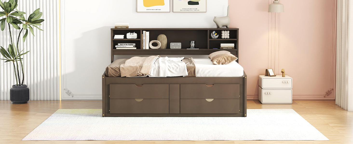 Full Size Wood Daybed with 2 Bedside Cabinets, Upper Shelves and 4 Drawers, Antique Brown - Atlantic Fine Furniture Melbourne FL