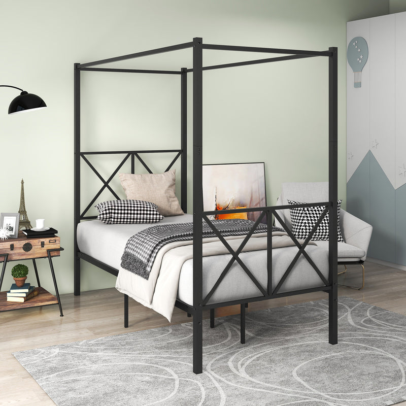 Twin Size Metal Canopy Bed Frame, Platform Bed Frame  with X Shaped Frame Black