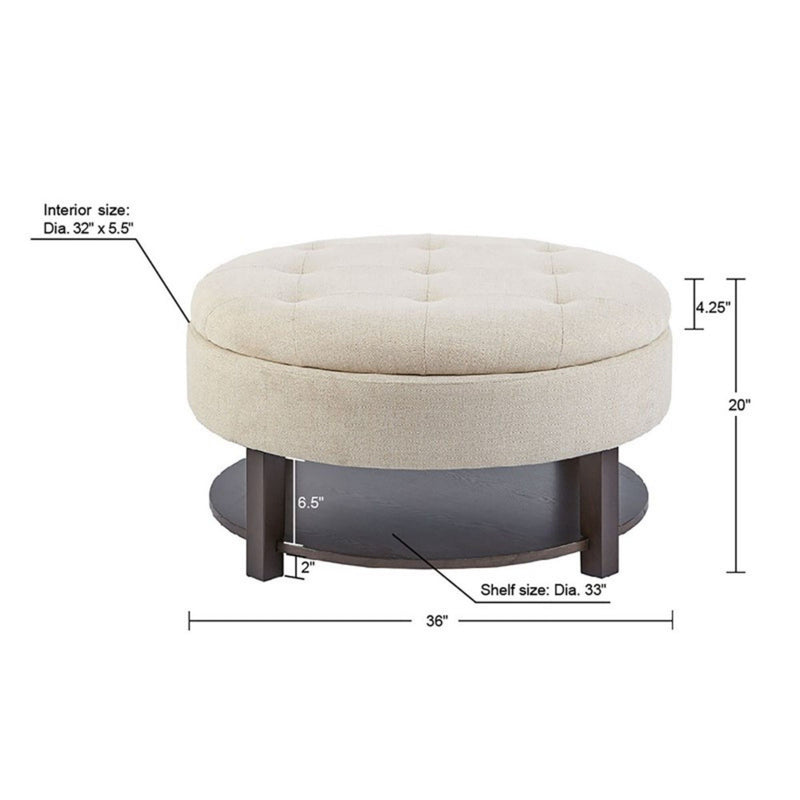 Miller - Round Storage Ottoman With Tufted Top And Shelf - Cream / Brown