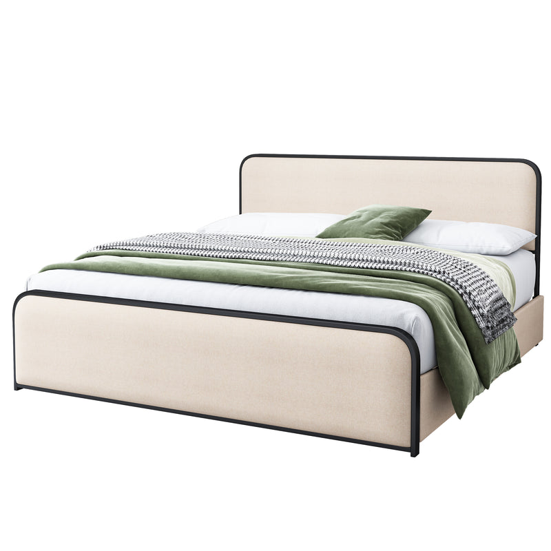Modern Metal Bed Frame with Curved Upholstered Headboard and Footboard Bed with 4 Storage Drawers, Heavy Duty Metal Slats, King Size, Beige
