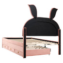 Full Size Upholstered Platform Bed with Trundle and 3 Drawers, Rabbit-Shaped Headboard with Embedded LED Lights, Pink