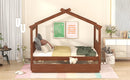 Full Size Wooden House Bed with Drawers, Walnut