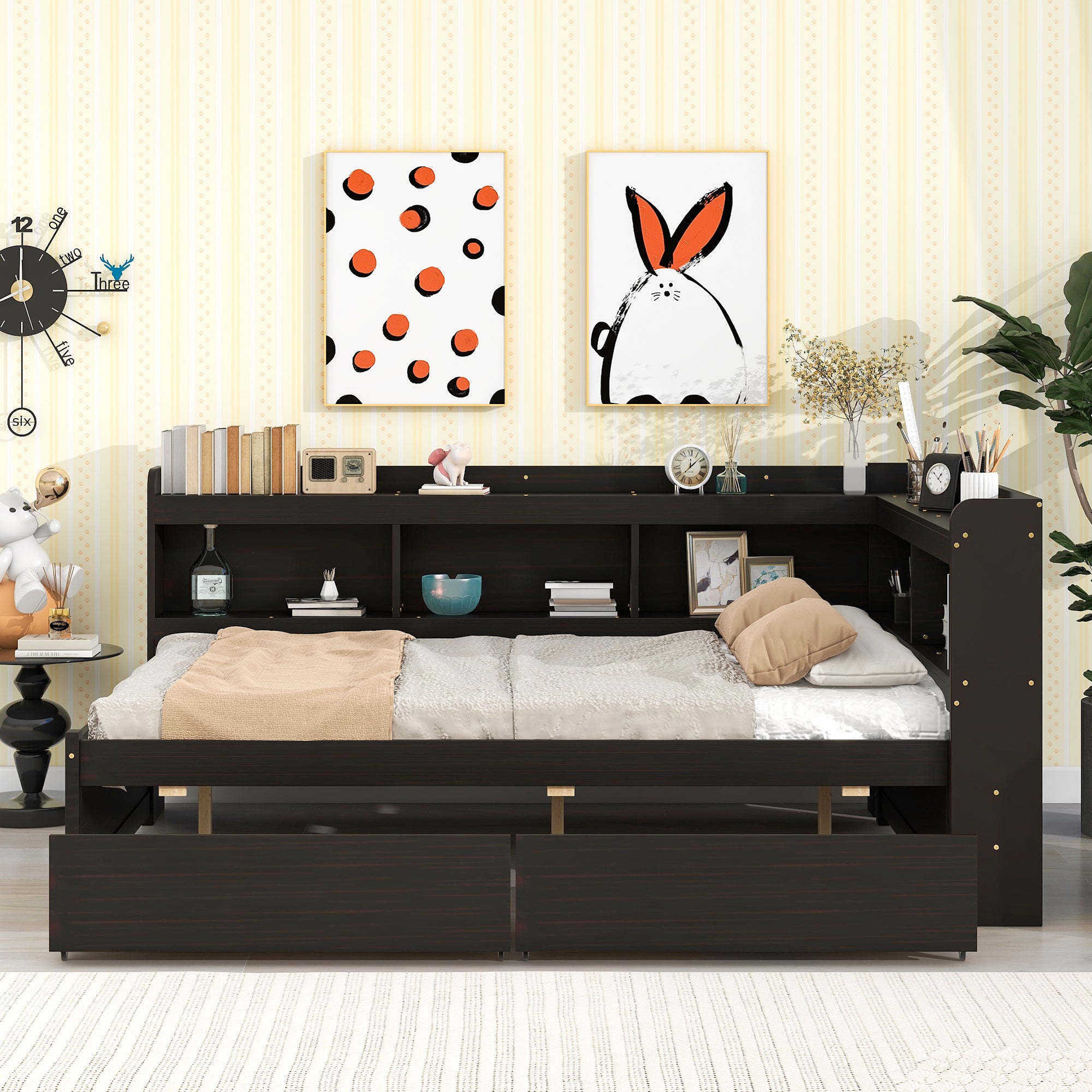 Full Bed with L-shaped Bookcases, Drawers ,Espresso