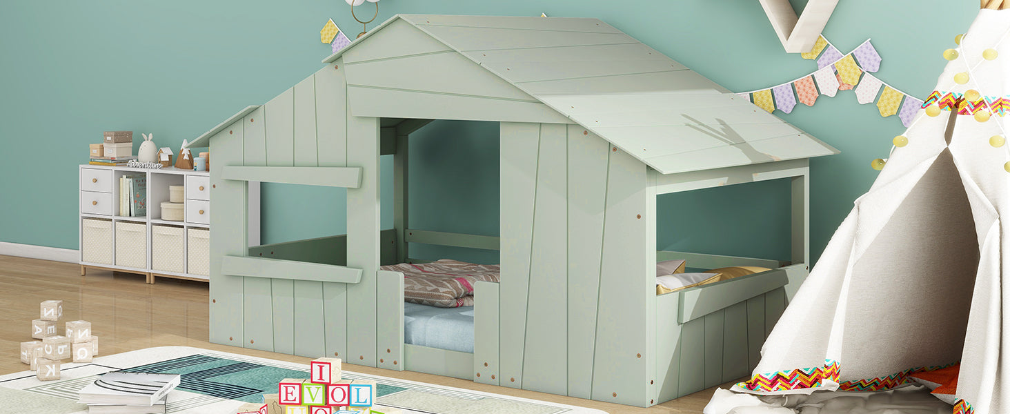 Wood Twin Size House Bed with Roof, Window and Guardrail, Light Green - Atlantic Fine Furniture Melbourne FL