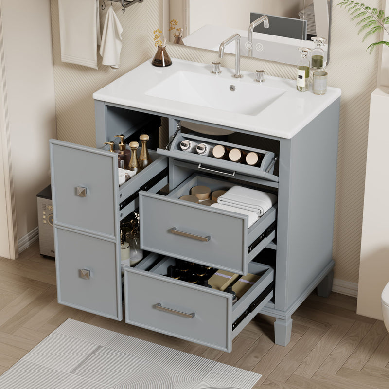 Bathroom Vanity With Ceramic Sink, Flip Out Drawer Design For Plumbing, Soft Close Drawers