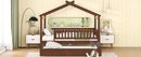 Full Size Wooden House Bed with Twin Size Trundle, Walnut