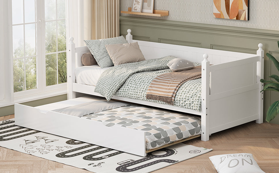Twin Size Solid Wood Daybed with Trundle for Limited Space Kids, Teens, Adults, No Need Box Spring, White - Atlantic Fine Furniture Melbourne FL