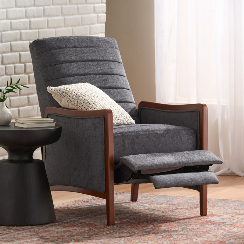 Mendota - Mid Century Modern Fabric Channel Stitch Wood Pushback Recliner - Gray