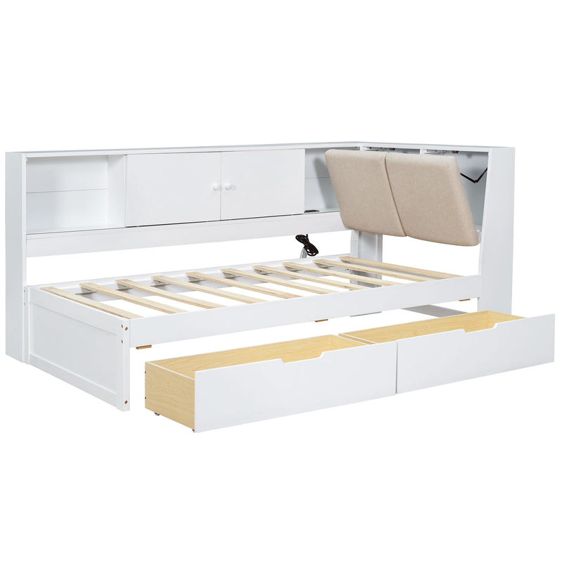 L-Shaped Daybed Corner Bed Under Bed Drawers With Storage Bookcase And Upholstered Headboard And USB Charging Ports