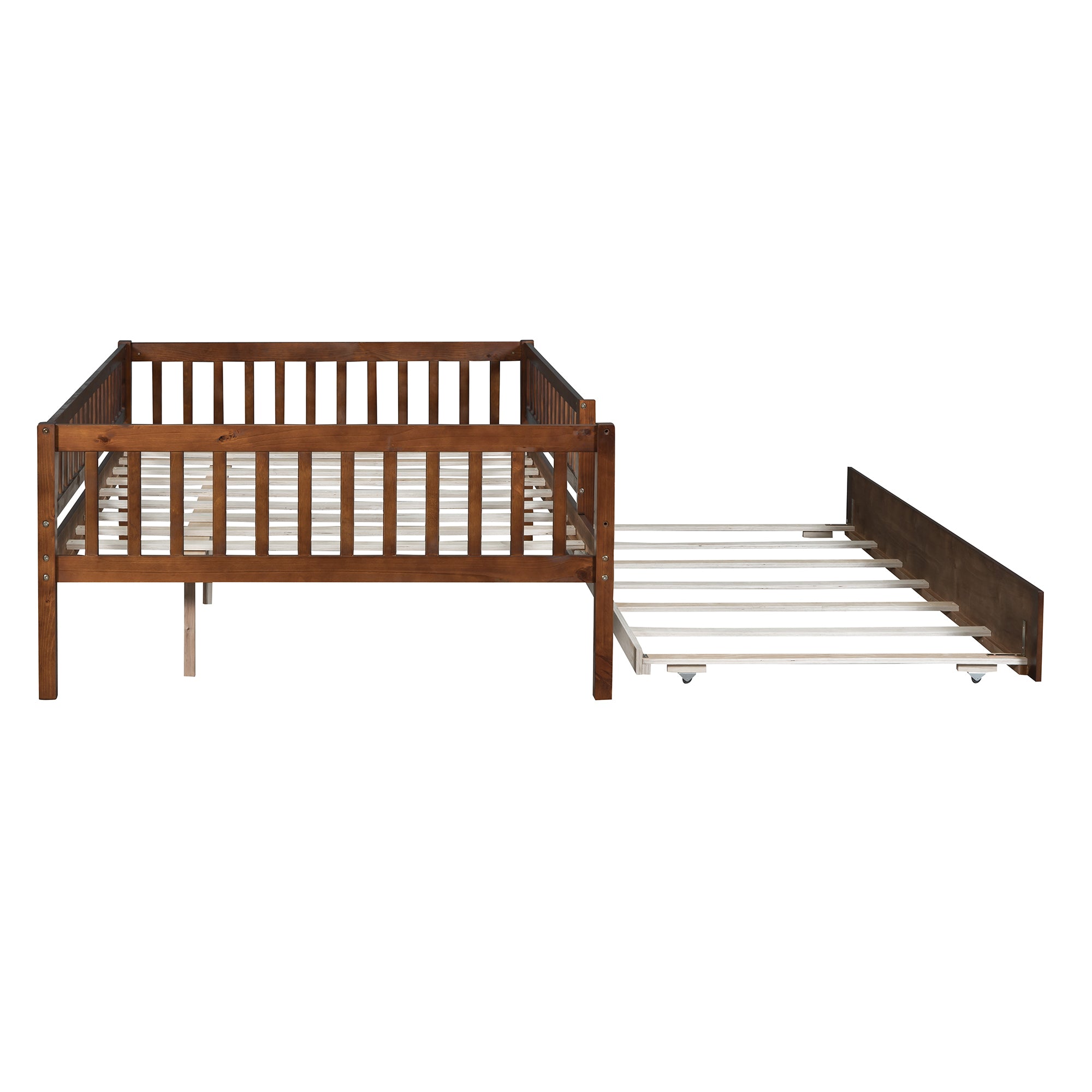 Full Size Wood Daybed with Trundle and Fence Guardrails, Walnut - Atlantic Fine Furniture Melbourne FL