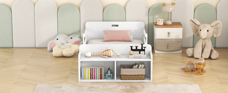 Twin Size Floor Bed with Storage Footboard and Guardrail, White