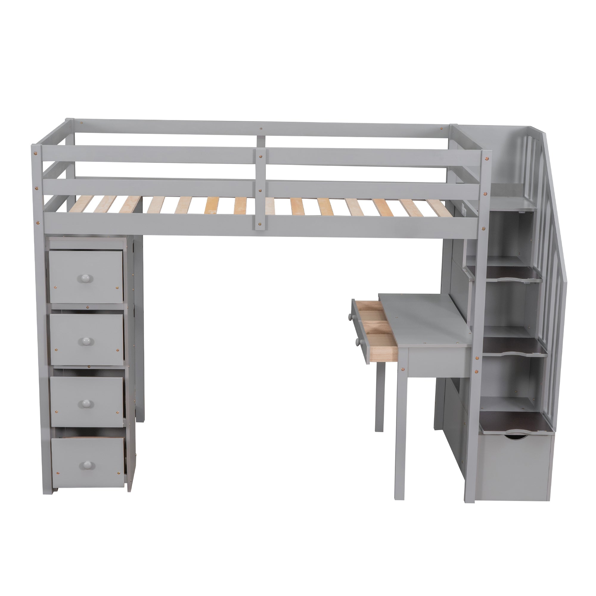 Twin size Loft Bed with Storage Drawers ,Desk and Stairs, Wooden Loft Bed with Shelves - Gray - Atlantic Fine Furniture Melbourne FL