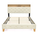 Queen Size Bed Frame, Shelf Upholstered Headboard, Platform Bed with Outlet & USB Ports, Wood Legs, No Box Spring Needed, Easy Assembly, Beige