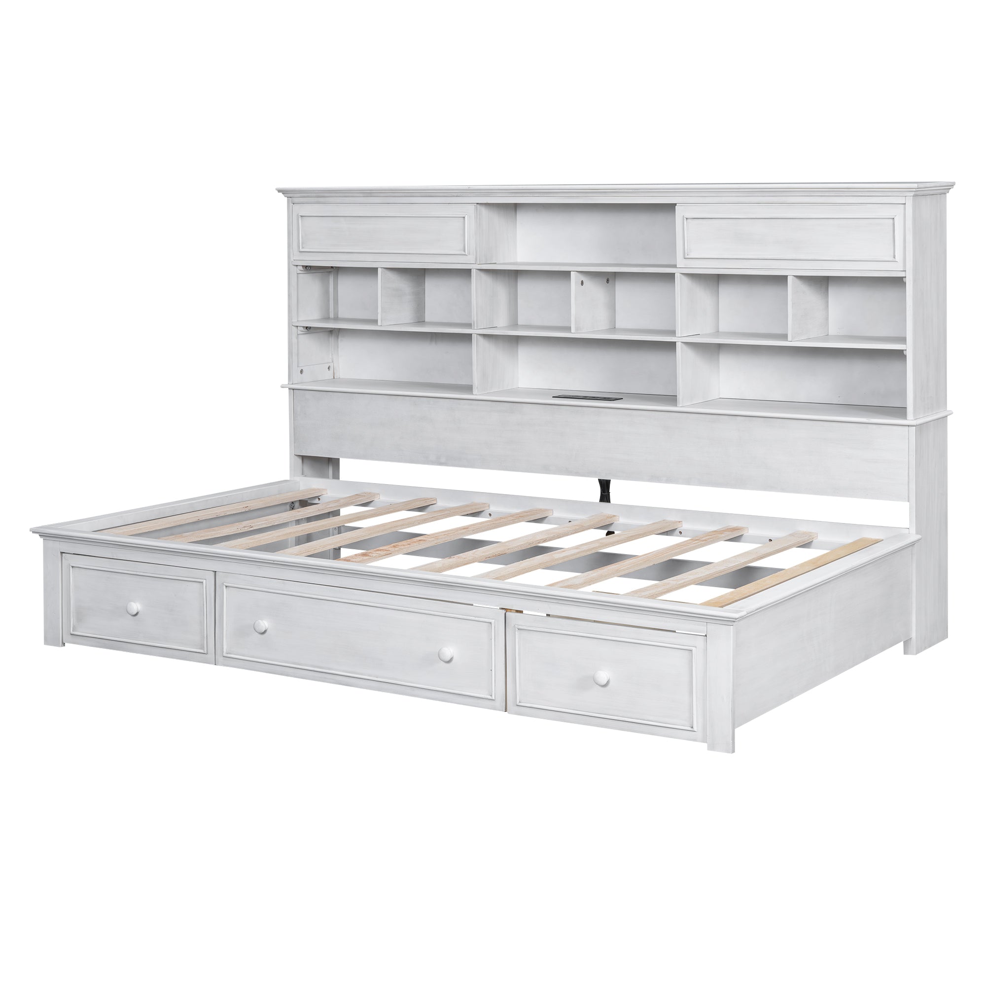 Twin Size Wood Daybed with Multi-Storage Shelves, Charging Station and 3 Drawers, Antique White - Atlantic Fine Furniture Melbourne FL