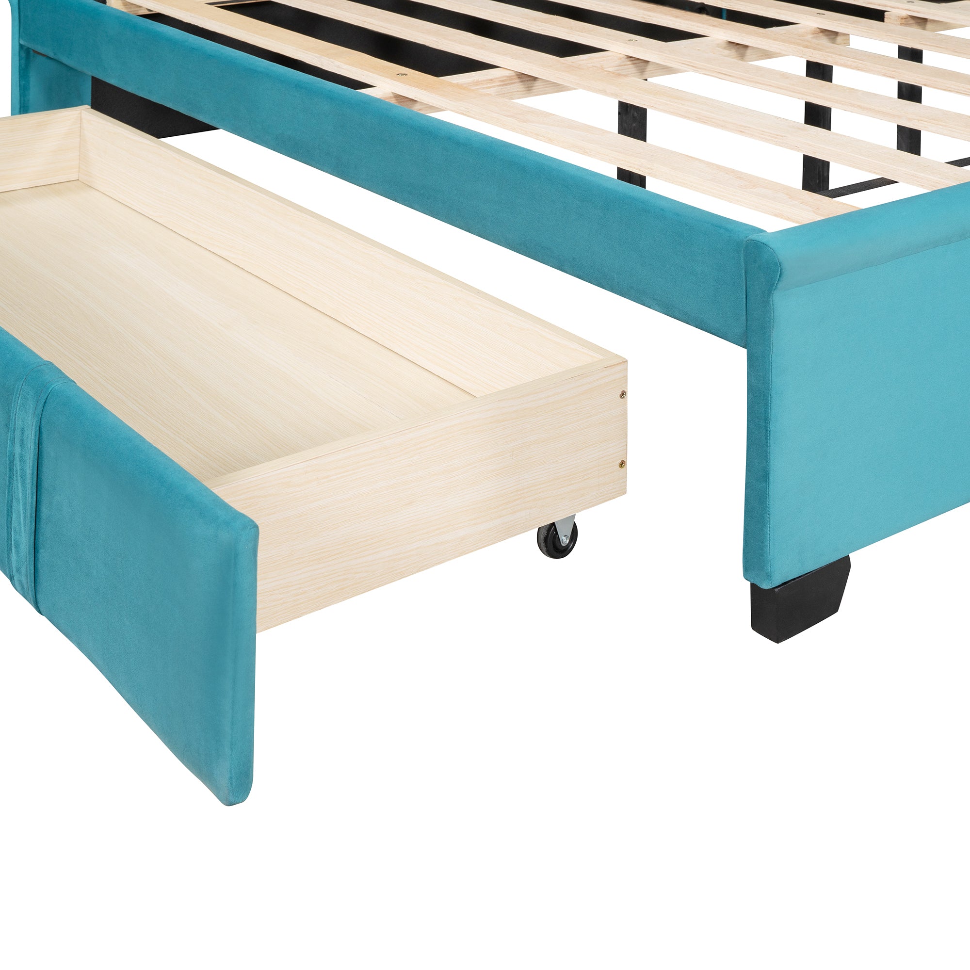 Queen Size Storage Bed Velvet Upholstered Platform Bed with Wingback Headboard and a Big Drawer (Blue) - Atlantic Fine Furniture Melbourne FL