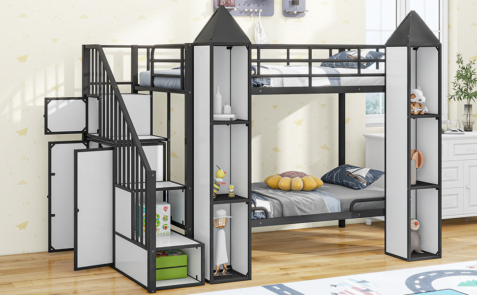 Metal Twin over Twin Castle-shaped Bunk Bed with Wardrobe and Multiple Storage, Black+White - Atlantic Fine Furniture Melbourne FL