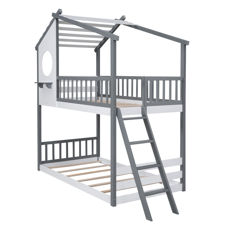 Twin Over Twin Bunk Bed Wood Bed with Roof, Window, Ladder,Gray(OLD SKU :LT100008AAE)